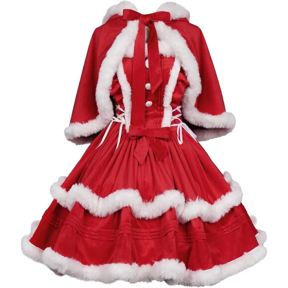 Women's Christmas Red White Dress Santa Outfit Cute Lolita Holiday Costume - Picture 2 of 6